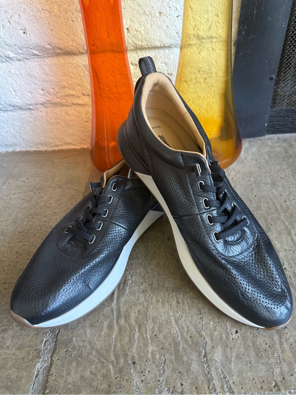 Johnston & Murphy Black Leather Perforated Sneakers with White Sole and Tan Trim